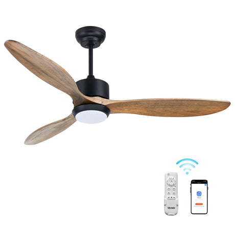 Ovlaim 52 Inch Indoor Outdoor Ceiling Fan, ETL Listed Quiet DC Motor Solid Wood Ceiling Fans with Lights Remote Control, 3 Blade Propeller Smart Ceiling Fan for Bedroom Living Room Ovlaim