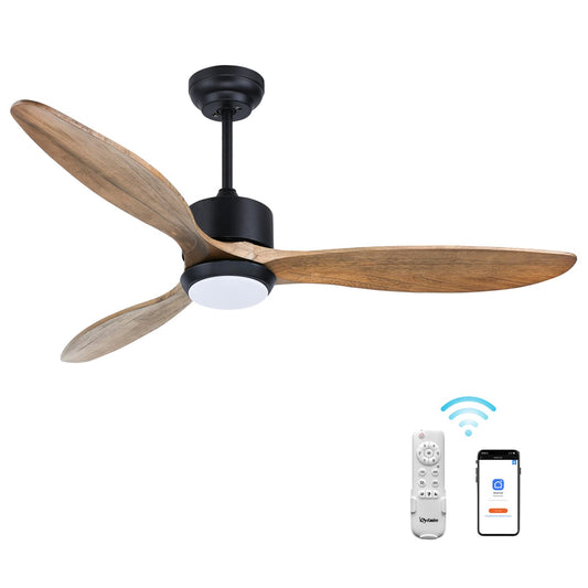 Ovlaim 52 Inch Indoor Outdoor Ceiling Fan, ETL Listed Quiet DC Motor Solid Wood Ceiling Fans with Lights Remote Control, 3 Blade Propeller Smart Ceiling Fan for Bedroom Living Room - WoodArtSupply