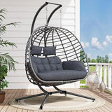 SWITTE Double Egg Swing Chair with Stand, Outdoor Patio 2 Person Hanging Wicker Hammock Chairs with Cushion for Indoor Bedroom, Lawn, Garden-Dark Grey SWITTE