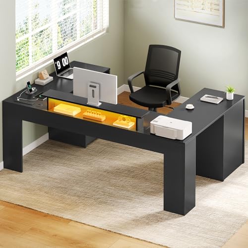 YITAHOME U Shaped Desk with Power Outlet & LED Lights, Computer Desk with Drawers, Wood Desk Home Office Desk with Monitor Stand & ５ Cubbies Storage Shelves, Black Carbon Fiber YITAHOME