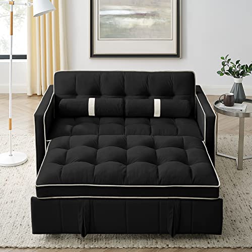 3 in 1 Sleeper Sofa Couch Bed, Small Tufted Velvet Convertible Loveseat Futon Sofa w/Pullout Bed, Adjustable Backrest, Cylinder Pillows for Living Room Apartment, Easy to Assemble, Black, 55.5"