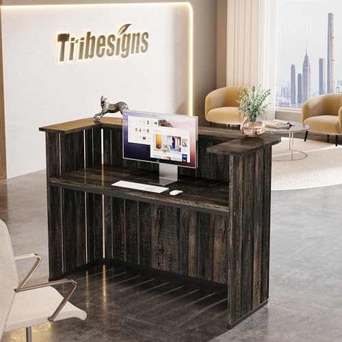 Tribesigns 63-Inch Reception Desk with Counter, Modern U-Shaped Front Desk with Private Panel, Retail Checkout Counter Table for Lobby, Salon, Reception Room, Office, Dark Grey Tribesigns