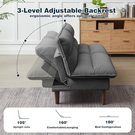 Futon Sofa Bed, 72" Convertible Futon Couch with 3-Level Adjustble Backrest, Modern Loveseat Couch, Folding Recliner Sleeper Sofa for Small Spaces, Living Room, Apartment, Guest Room, Dark Grey Enobala