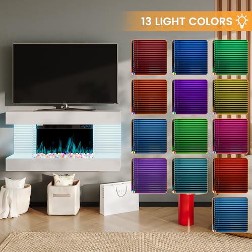 COCO DESIGN 32-Inch Floating Mantel with 18 Inch Wall Mounted Electric Fireplace, All-in-One Fireplace with Colored Crystal Stone, Multi Ambient Light Colors with Remote, 1500W Heater, White COCO DESIGN