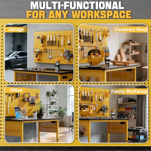 Work Bench, Ferreteriai 47" Heavy Duty Workbench with Power Outlet & USB-C, Exclusive Yellow Side Battery Holder, Adjustable Height, 2100LB Capacity, Locking Wheels for Garage Workshop Ferreteriai