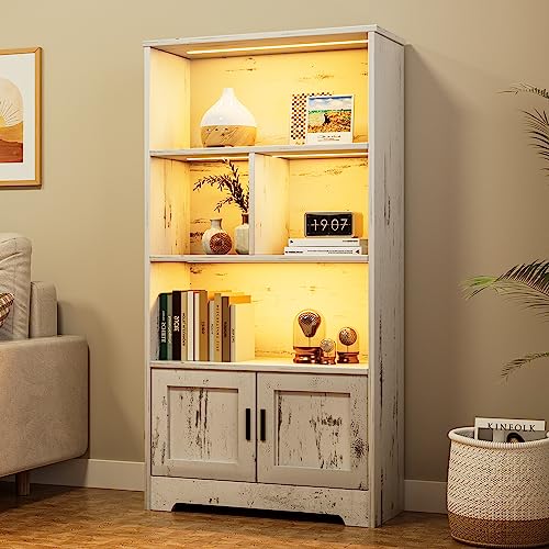 Modern White Bookcase with LED Lights and Storage Cabinet by GAOMON - WoodArtSupply