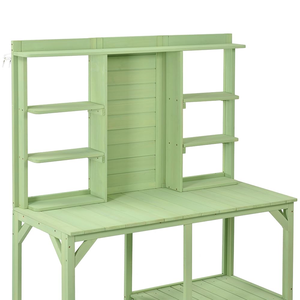 PZFYYRFP 64.6"" Large Outdoor Potting Bench Table, Wooden Garden Workstation with 6-Tier Storage Shelves, Large Metal Tabletop, and Side Hook for Mudroom, Backyard, Patio, Green (Green), White