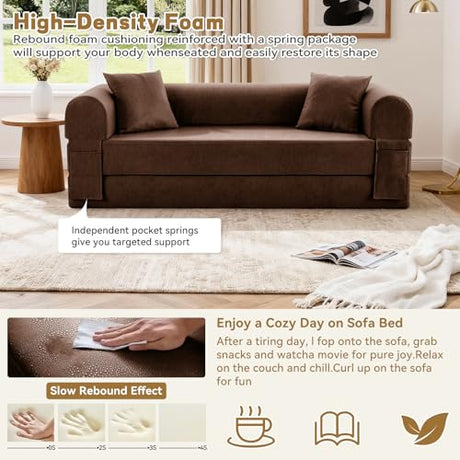 GJQ Convertible Sleeper Sofa Bed,78.5 Inch Faux Leather Futon Couch with Pillows & Storage Pocket,5-in-1 Folding Sofa Bed Queen with Pull Out Beds,Boneless Couches for Living Room,Couch in a Box,Brown GJQ