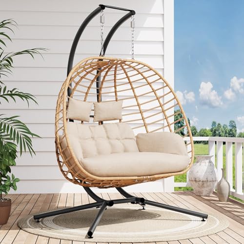 SWITTE Double Hanging Egg Chair with Stand, Outdoor Patio 2 Person Wicker Hammock Swing Chairs with Cushion Loveseat for Indoor Bedroom, Lawn, Garden-Beige SWITTE