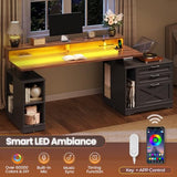 SEDETA Farmhouse Electric Standing Desk, 55" Height Adjustable Computer Desk with 3 Drawers, File Cabinet, Storage Shelves, Power Outlets, Wood Home Office Desk for Work, Study, Writing, Black SEDETA
