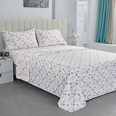Softan Floral Twin Size Sheet Set, Orange Flower Printed Bed Sheets for Girls, 3-Piece Microfiber Single Fitted Sheet with 15" Deep Pocket & Non-Slip Straps, Patterned Bedding Sheets & Pillowcase Set Softan
