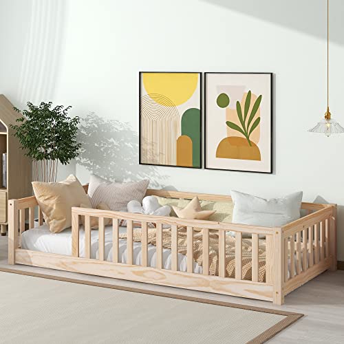 Oudiec Twin Size Montessori Floor Bed with Safety Fence - Easy Assembly Solid Wood Frame in Natural Finish Oudiec