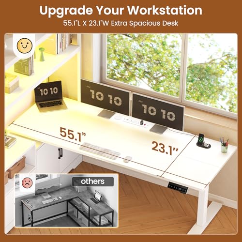 SEDETA 56.7" L Shaped Standing Desk, Reversible Computer Office Desk with Drawers & Hutch, Stand Up Corner Gaming Desks with LED Lights & Power Outlets for Home Office, White SEDETA