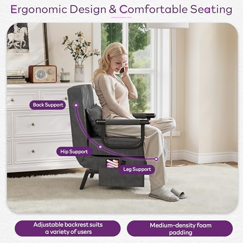 TYBOATLE Sleep Chair Bed, Comfy Convertible Sleeper Chairs for Adults, 5 in 1 Folding Sofa Bed with Adjustable Backrest & Side Pockets & Pillow, Cozy Small Couch for Small Spaces, Office (Dark Grey) TYBOATLE