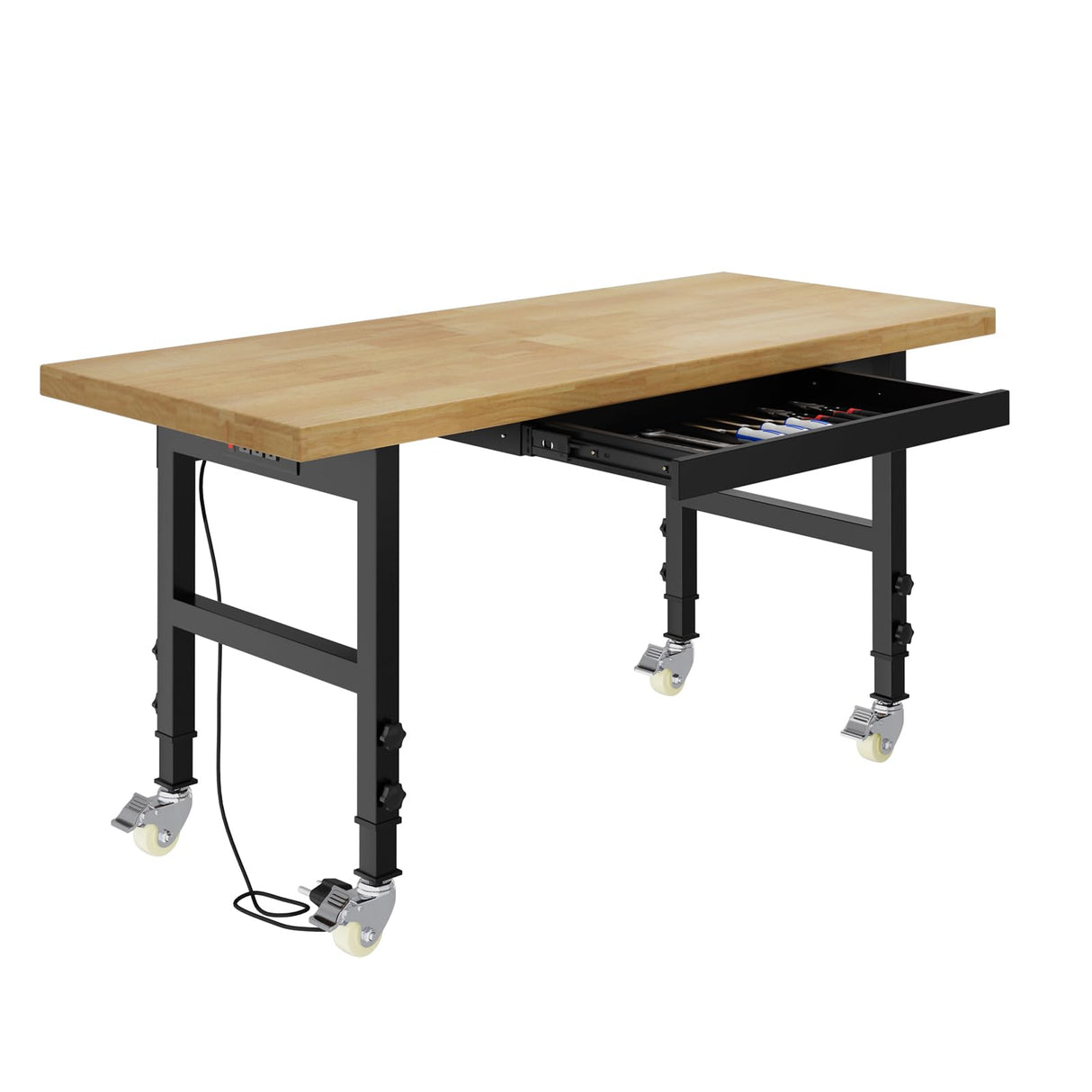 Pelnuies 60" Work Bench with Wheels, Adjustable Height Workbench with Drawers, Heavy-Duty Oak Wood Work Table with Power Outlets, 2000 LBS Capacity Workstation for Garage, Workshop, Office, Home Pelnuies