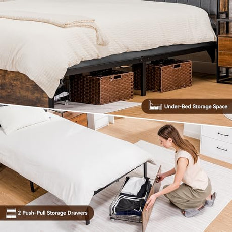 COMHOMA Twin Size Platform Bed Frame with LED Lights and Charging Station, Storage Headboard and Footboard Drawers, No Box Spring Needed, Rustic Wood Look COMHOMA