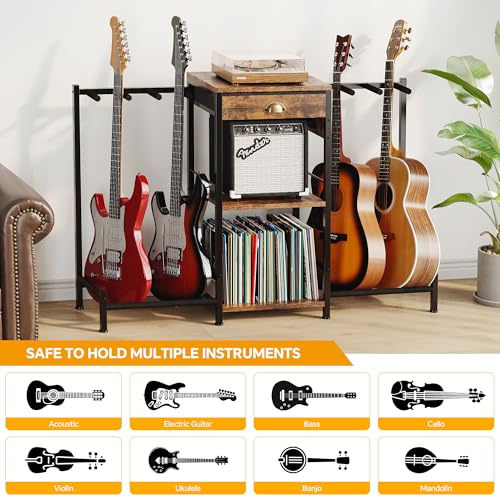 Homeiju 6-Guitar Floor Stand with Charging Station & 3-Tier Storage, Guitar Rack with Amp Stand & Cloth Drawer, Rubber Protected Guitar Holder for Studio/Home , Heavy Duty Metal Frame Homeiju