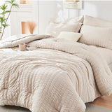 HYMOKEGE Beige King Size Comforter Set Seersucker 7 Pieces, All Season Luxury Bed in a Bag for Bedroom, Bedding Set with Comforters, Sheets, Pillowcases & Shams HYMOKEGE
