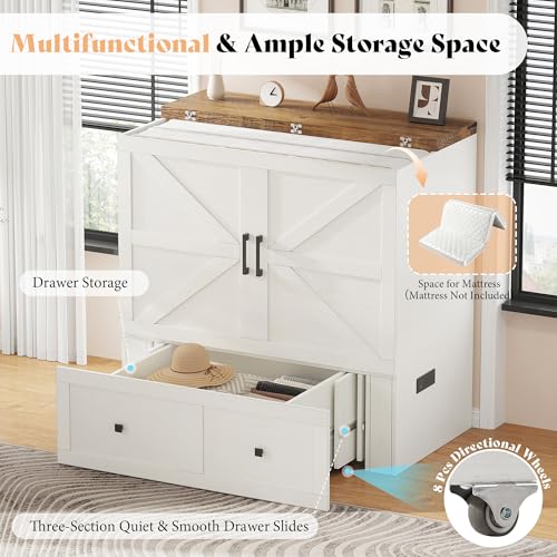 AMERLIFE Twin Murphy Bed Cabinet with Charging Station and Storage Drawer, Farmhouse Foldable Platform Bed for Home Office, Apartment, Small Spaces, Distressed White AMERLIFE