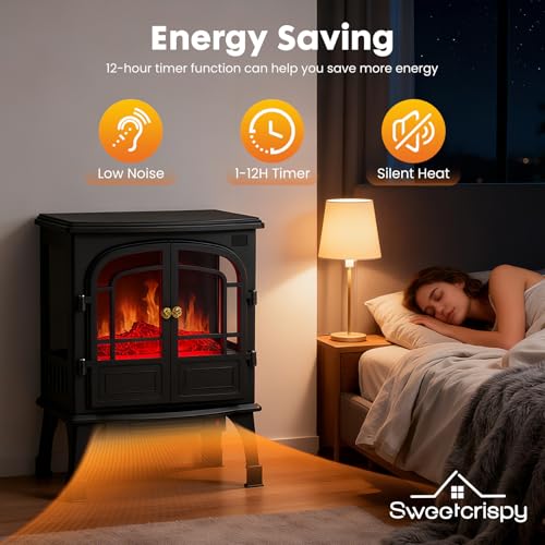 Sweetcrispy Freestanding Electric Fireplace Heater, 26”Two Door Fireplace with 3D Flame Effect, Overheating Safe Design, Energy Saving Space Heater with 12H Timer&Remote for Living Room, Bedroom,Black Sweetcrispy