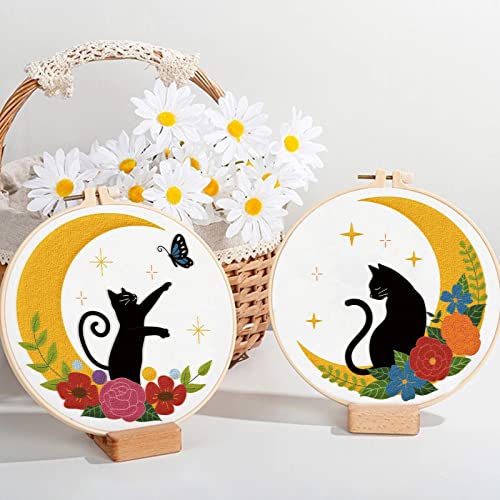 ORIGACH 4 Pack Cat Moon Embroidery Kits for Beginners, DIY Starter Hand Embroidery Kit with Moon Floral Patterns and Instructions