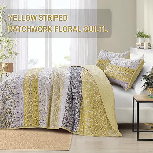 WONGS BEDDING Boho Quilt Set King, Yellow Bohemian Striped Patchwork Bedspread Coverlet Set with 2 Pillowcases,Lightweight Microfiber Floral Bedding Set 104"×90" WONGS BEDDING