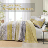 WONGS BEDDING Boho Quilt Set Queen, Yellow Bohemian Striped Patchwork Bedspread Coverlet Set with 2 Pillowcases,Lightweight Microfiber Floral Bedding Set 96"×90" WONGS BEDDING