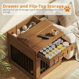 IRONCK Dog Crate Furniture, Wooden Dog Crate with Drawer and Flip-Top Storage, Indoor Dog House End Table for Small Breeds, for Living Room, Bedroom, Walnut IRONCK