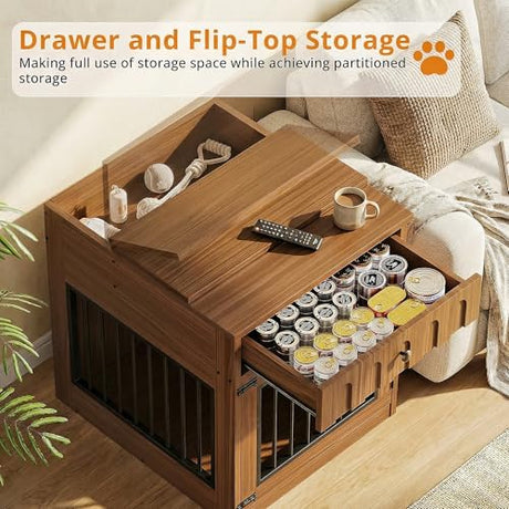 IRONCK Dog Crate Furniture, Wooden Dog Crate with Drawer and Flip-Top Storage, Indoor Dog House End Table for Small Breeds, for Living Room, Bedroom, Walnut IRONCK