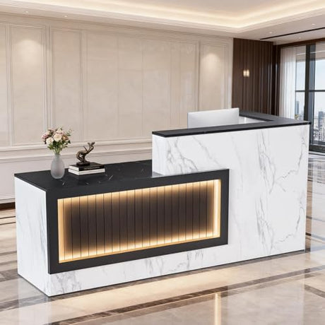 L-Shaped Large Wooden Reception Desk with LED Lights, Modern Front Desk Reception Counter with Lockable Drawers & Storage & Keyboard Tray for Checkout, Lobby Yorkgargen