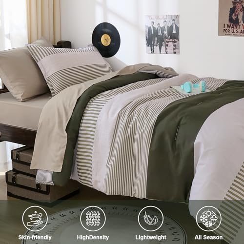 Twin Size Comforter Olive Green Striped Comforters for Boys&Girls,5 Pieces Bed in A Bag Simple Neutral-Style Bedding Sets for Kids Teen Cottolester