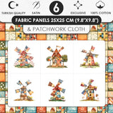 Patchwork Fabric Panel with Windmill Designs – 100% Cotton Satin, 6 Printed Panels 10”×10” + Patchwork Sheet 29.5”×19.7”, Single Continuous Cloth for Quilting & Sewing Fabricstown