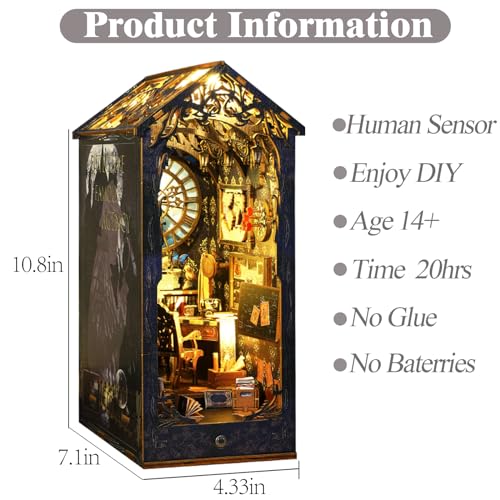 ISSEVE DIY Book Nook Kit, 3D Wooden Puzzle DIY Miniature House Kit for Booknook Shelf Insert Decoration, Magic Book House Stand Bookshelf Dollhouse for Adults with Sensor Light (Detective Agency)