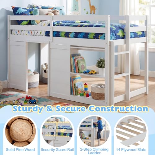 Giantex Loft Bed Twin Size with LED Lights, Wooden Low Bed Frames for Kids w/2 Doors, Under-Bed Play Space & Storage Bookcase, Modern Bedframe with Ladder & Safety Guardrail for Boys Girls (White) Giantex