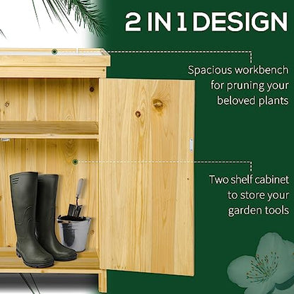 Outsunny Garden Storage Cabinet, Outdoor Tool Shed with Galvanized Top and Two Shelves for Yard Tools or Pool Accessories, Natural