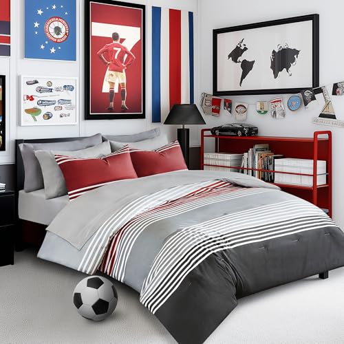Comfort Spaces Twin XL Comforter Sets with Sheets - Bed in a Bag 6 Pieces Teen Bedding Sets, Red and Grey Stripes Bedding Twin XL, College Twin XL Bed Set with 2 Side Pockets Bedroom Organizer Comfort Spaces