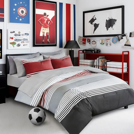 Comfort Spaces Twin XL Comforter Sets with Sheets - Bed in a Bag 6 Pieces Teen Bedding Sets, Red and Grey Stripes Bedding Twin XL, College Twin XL Bed Set with 2 Side Pockets Bedroom Organizer Comfort Spaces