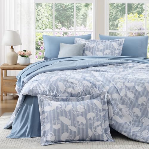BLOOMHAVEN Queen Comforter Set -7 Pieces Blue Floral Comforter Set for All Seasons, Bed in a Bag Queen with Botanical Flowers Comforter, Sheets, Pillowcases & Shams BLOOMHAVEN