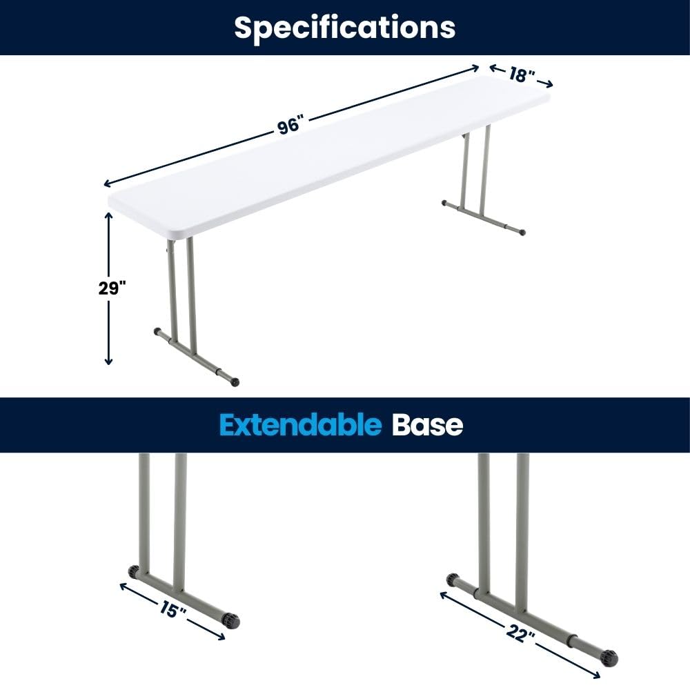 BTEXPERT 8-Foot-96 Long White Plastic Folding Seminar Training Table Portable 18" Wide Narrow, 29" High, Events Indoor Outdoor Lightweight Heavy Duty, One BTEXPERT