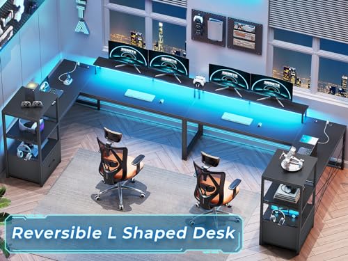 SEDETA L Shaped Gaming Desk, 51" Computer Desk with Storage Shelves, Gamer Desk with Power Outlets & LED Lights, Fabric Drawer, Monitor Stand and Hooks, Black - WoodArtSupply