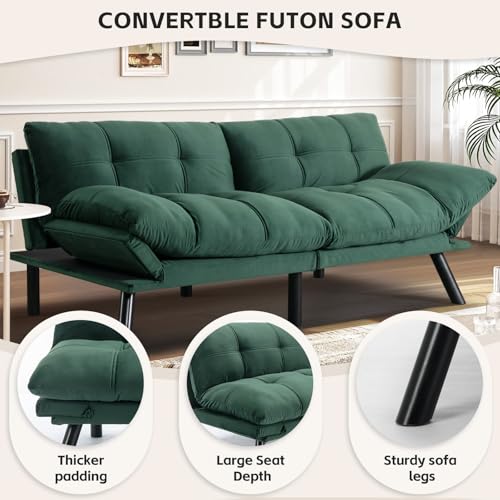 SoarFlash 67 Inch Futon Double Sofa Bed, 2 in 1 Velvet Loveseat Sofa with Adjustable Backrest Memory Foam for Living Room Bedroom Office Apartment Compact Couch(Green) SoarFlash