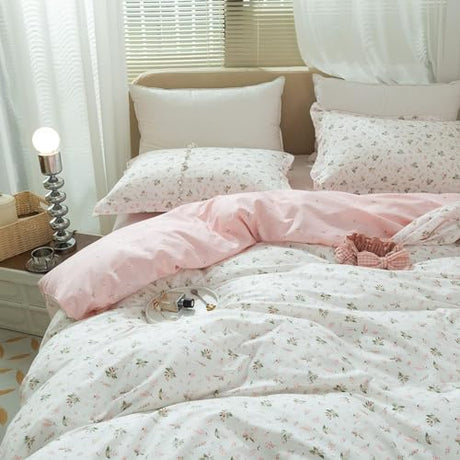 AMWAN Pink Floral Duvet Cover Full Size Cotton Garden Bedding Sets Kids Girls White Comforter Aesthetic Botanical Vintage Flower Print with Zipper Ties, Full (80''x90'') AMWAN