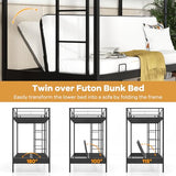 MAT EXPERT Futon Bunk Bed, Metal Bunk Bed Twin Over Twin with Futon & 10” Full Length Guardrails, Double Integrated Ladders, Convertible Loft Bed with Couch for Kids, Teens, Adults, Black MAT EXPERT