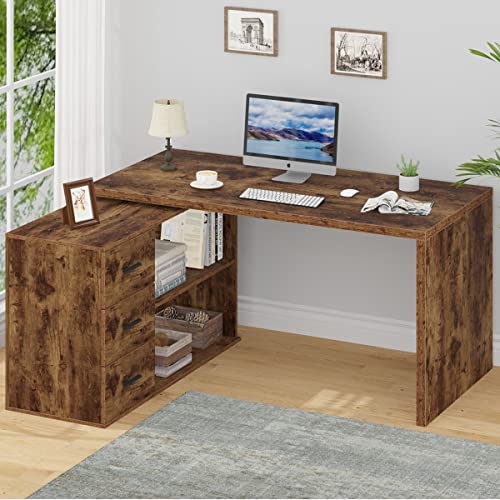 HSH L Shape Home Office Desk with Drawers, L-Shaped Computer Desk with Storage Cabinet Shelves, Wood Executive Desk for Writing Work, Reversible Study Table in Bedroom Living Room, Rustic Brown, 55 In