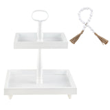 Rustic Wooden 2 Tiered Tray with Bead Garland, SYNCVIBE Square Farmhouse Style Decorative Trays Stand, Wood Serving Tray for Coffee Food Fruits Cupcakes, Home Decor Holiday Housewarming Gifts SYNCVIBE