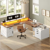 SEDETA Farmhouse L Shaped Standing Desk, 71" x 73" Height Adjustable Home Office Executive Desk with Drawers, Power Outlet, Monitor Stand, Sit Stand Table with Led Lights for Home Office, White SEDETA
