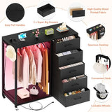 Cyclysio Dresser for Bedroom with Clothes Rack, 5 Drawers Dresser with Charging Station & LED Lights, Black Storage Chest of Drawers with Wheels, Wooden Top, Lockable Wheels, Bedroom, Closet, Black Cyclysio