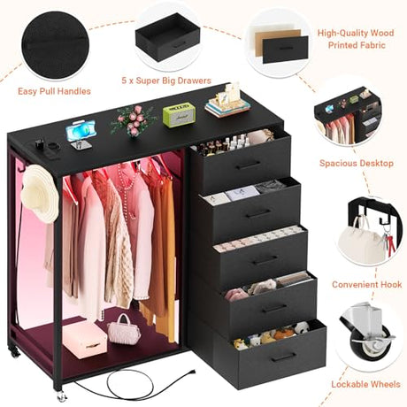 Cyclysio Dresser for Bedroom with Clothes Rack, 5 Drawers Dresser with Charging Station & LED Lights, Black Storage Chest of Drawers with Wheels, Wooden Top, Lockable Wheels, Bedroom, Closet, Black Cyclysio