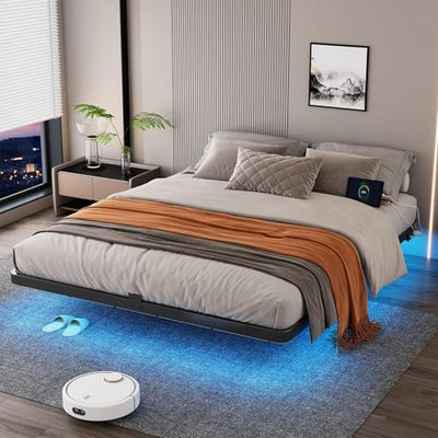 FviMzailon Queen Size Floating Bed Frame - Metal Platform Bed with Smart LED Lights & Charging Station, No Box Spring Needed, Easy Assembly