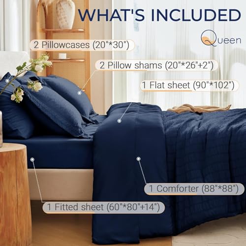 MUXHOMO 7 Pieces Queen Comforter Set, Seersucker Bed in a Bag Queen Size, All Season Luxury Bedding Set with Comforter, Flat Sheet, Fitted Sheet, Pillowcases & Shams, Navy Blue MUXHOMO